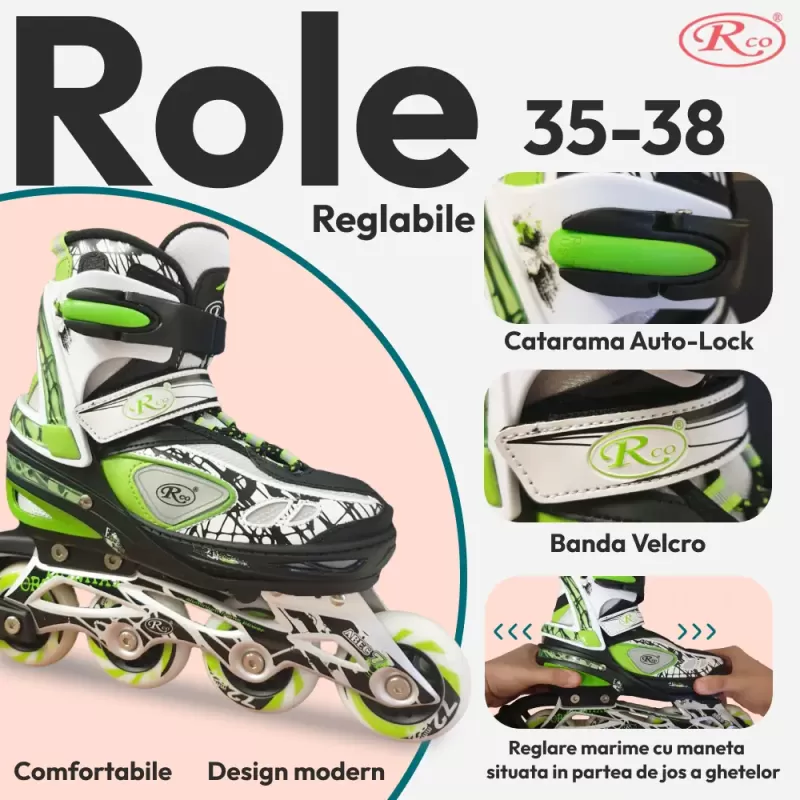 Role reglabile RCO, marimea 35-38, rulmenti ABEC 7, sasiu aluminiu, set reserve 8 roti PU cu LED-uri