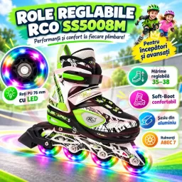 Role reglabile RCO SS5008M, marimea 35–38, roti cu LED-uri multicolore din silicon, sasiu aluminiu, rulmenti ABEC 7