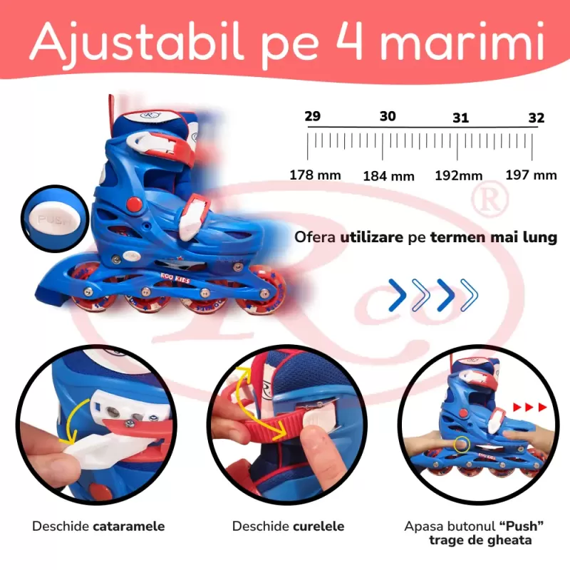 Set role reglabile pentru copii cu pozitionarea multipla a rotilor cu luminite, marime 29-32, Albastru
