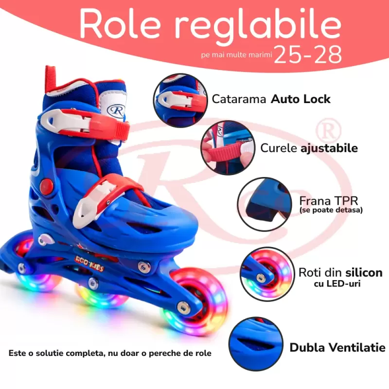 Set role reglabile pentru copii cu pozitionarea multipla a rotilor cu luminite, marime 25-28, Albastru