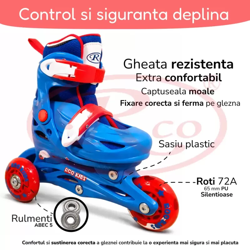 Set role reglabile pentru copii cu pozitionarea multipla a rotilor cu luminite, marime 25-28, Albastru