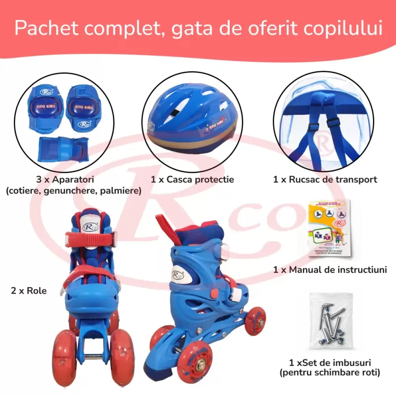 Set role reglabile pentru copii cu pozitionarea multipla a rotilor cu luminite, marime 25-28, Albastru