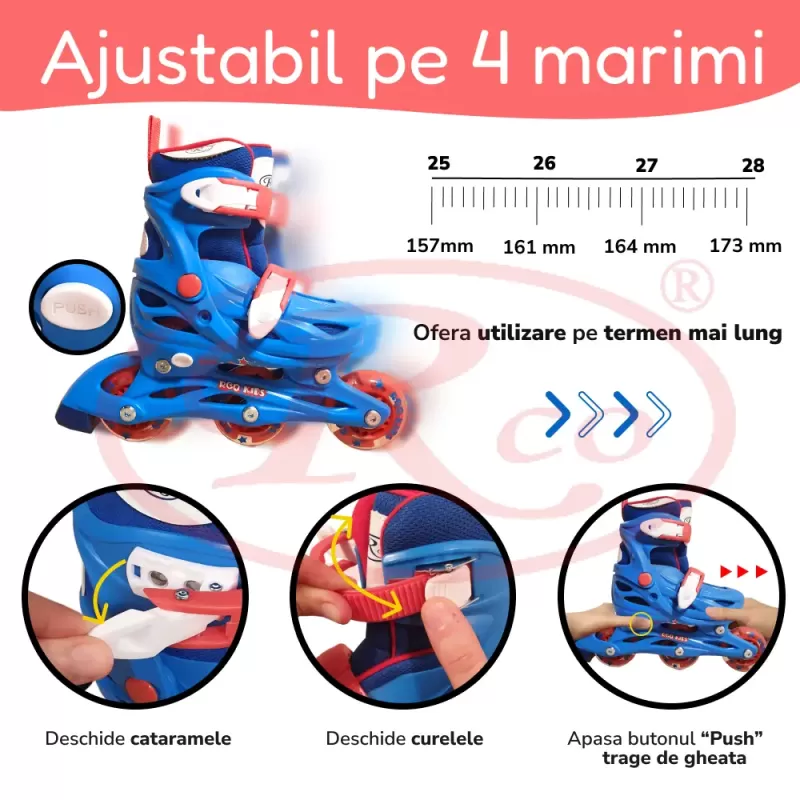 Set role reglabile pentru copii cu pozitionarea multipla a rotilor cu luminite, marime 25-28, Albastru
