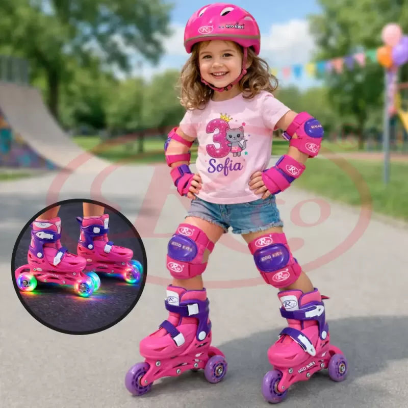 Set role reglabile pentru copii cu pozitionarea multipla a rotilor cu luminite, marime 29-32, Fucsia