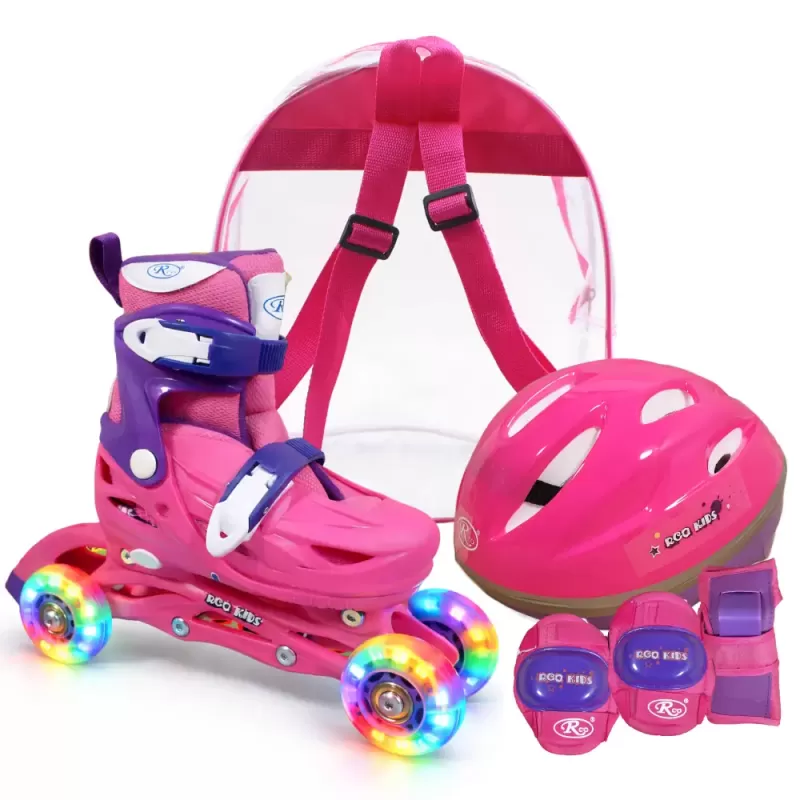 Set role reglabile pentru copii cu pozitionarea multipla a rotilor cu luminite, marime 29-32, Fucsia