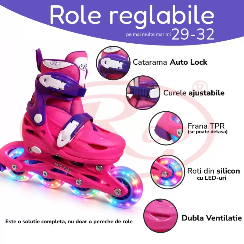 Set role reglabile pentru copii cu pozitionarea multipla a rotilor cu luminite, marime 29-32, Fucsia