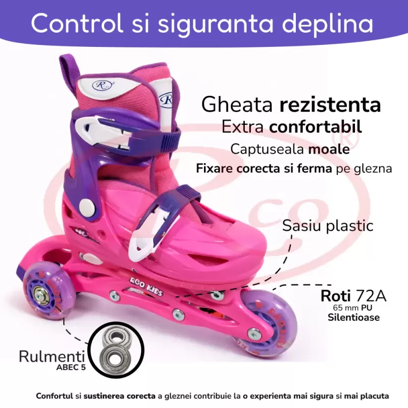 Set role reglabile pentru copii cu pozitionarea multipla a rotilor cu luminite, marime 29-32, Fucsia