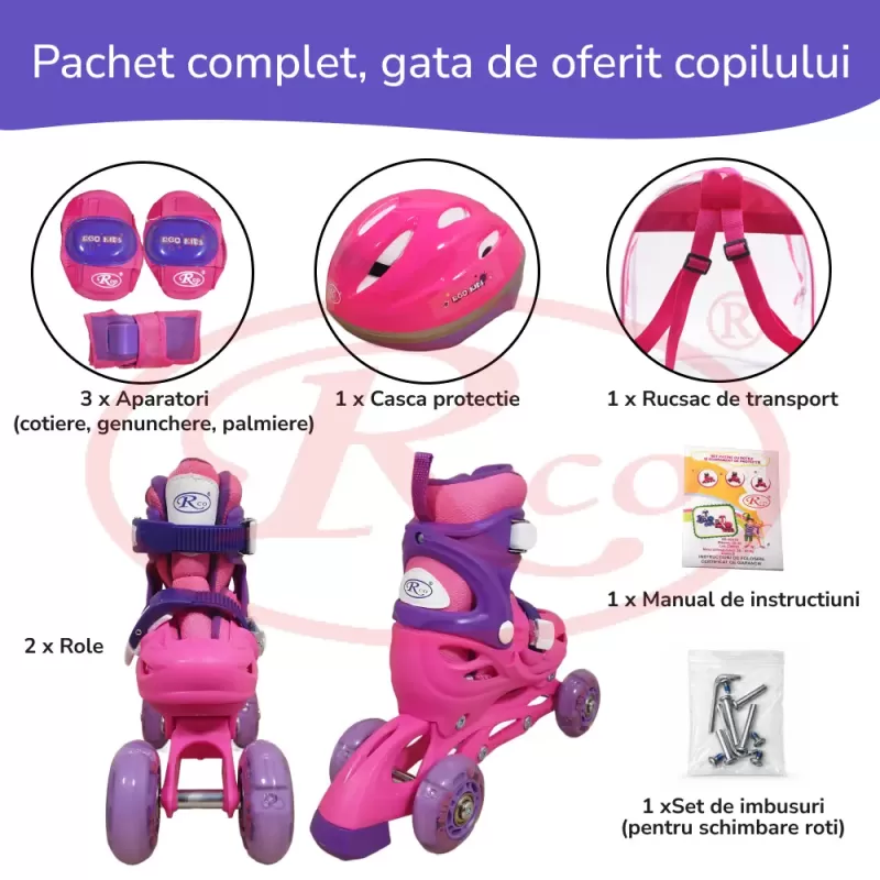 Set role reglabile pentru copii cu pozitionarea multipla a rotilor cu luminite, marime 29-32, Fucsia