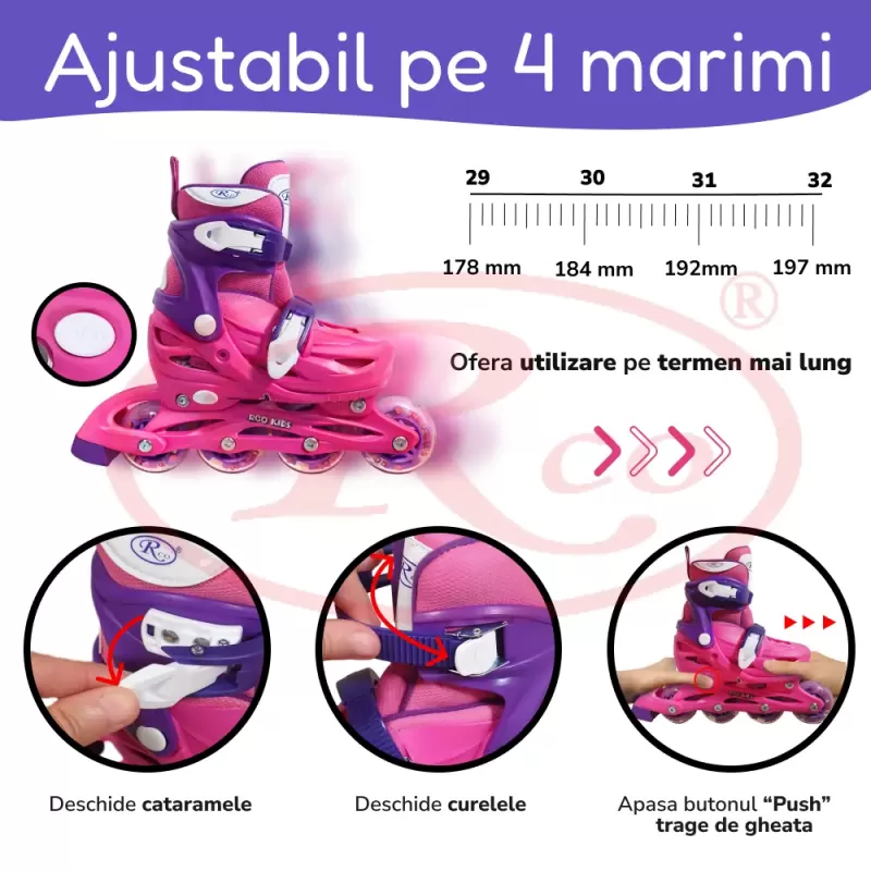 Set role reglabile pentru copii cu pozitionarea multipla a rotilor cu luminite, marime 29-32, Fucsia