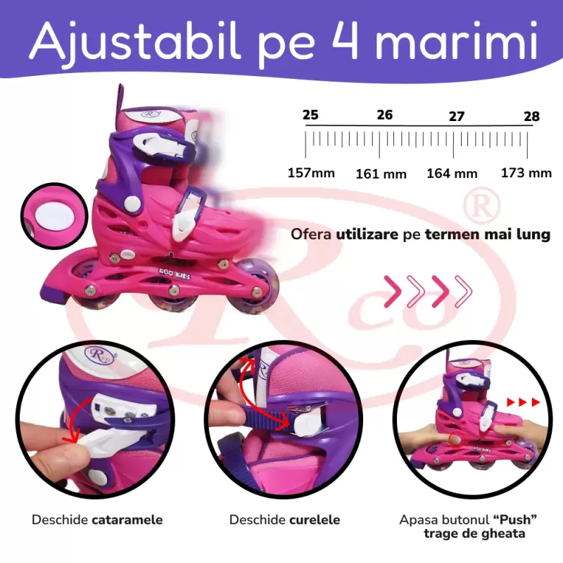 Set role reglabile pentru copii cu pozitionarea multipla a rotilor cu luminite, marime 25-28, Fucsia