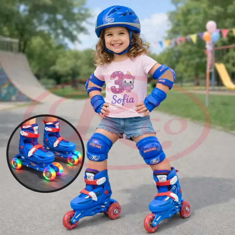 Set role reglabile pentru copii cu pozitionarea multipla a rotilor cu luminite, marime 29-32, Albastru