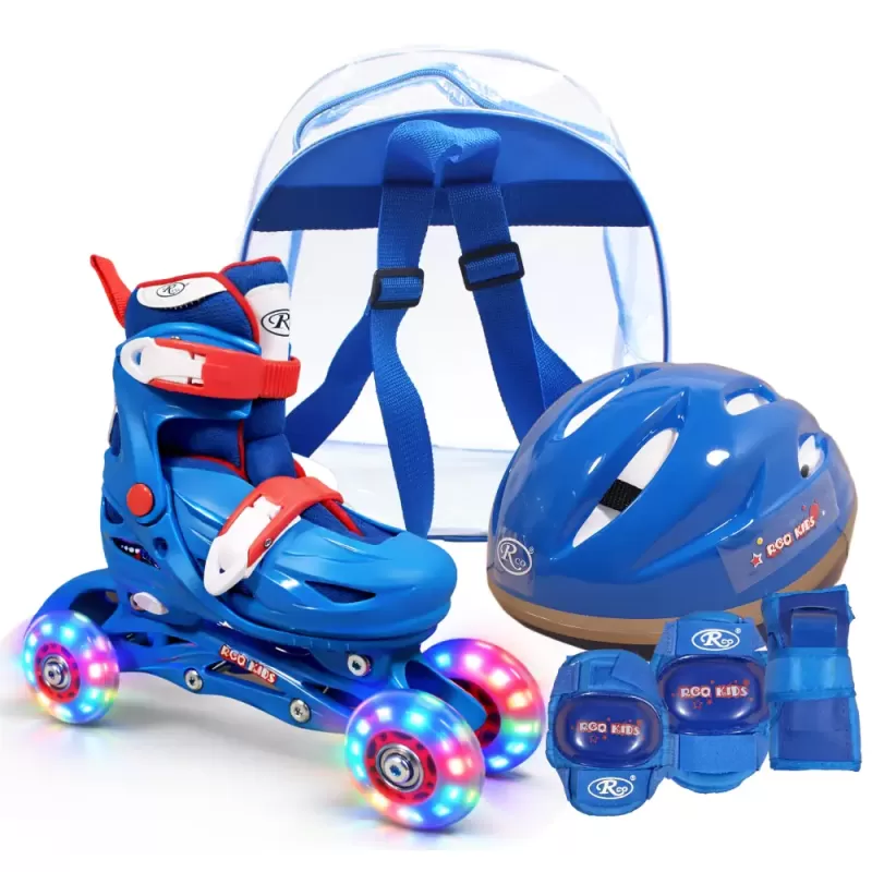 Set role reglabile pentru copii cu pozitionarea multipla a rotilor cu luminite, marime 29-32, Albastru