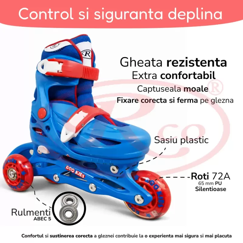 Set role reglabile pentru copii cu pozitionarea multipla a rotilor cu luminite, marime 29-32, Albastru