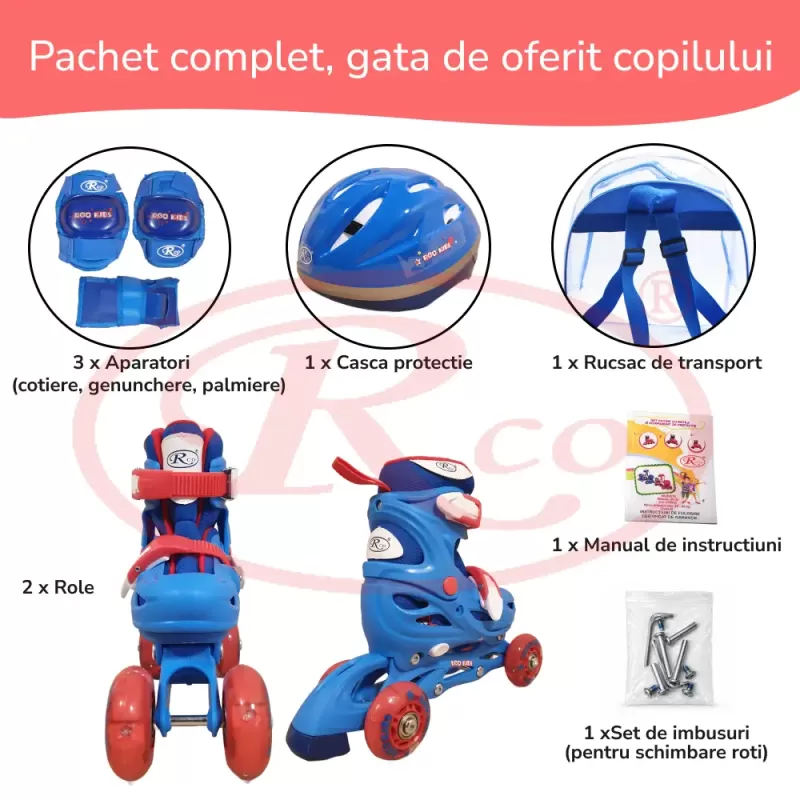 Set role reglabile pentru copii cu pozitionarea multipla a rotilor cu luminite, marime 29-32, Albastru