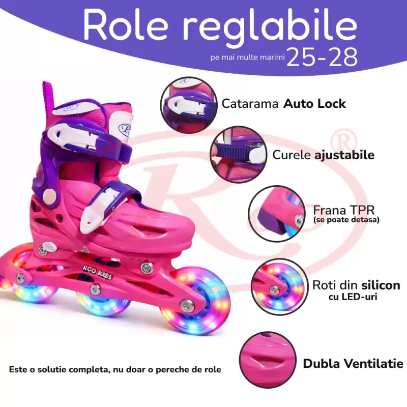 Set role reglabile pentru copii cu pozitionarea multipla a rotilor cu luminite, marime 25-28, Fucsia