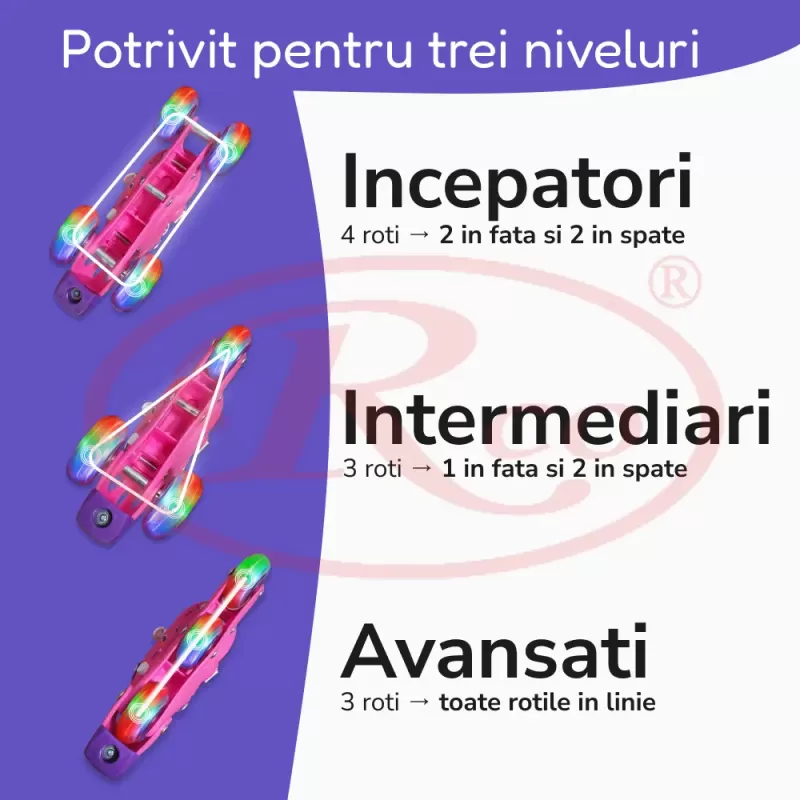 Set role reglabile pentru copii cu pozitionarea multipla a rotilor cu luminite, marime 25-28, Fucsia