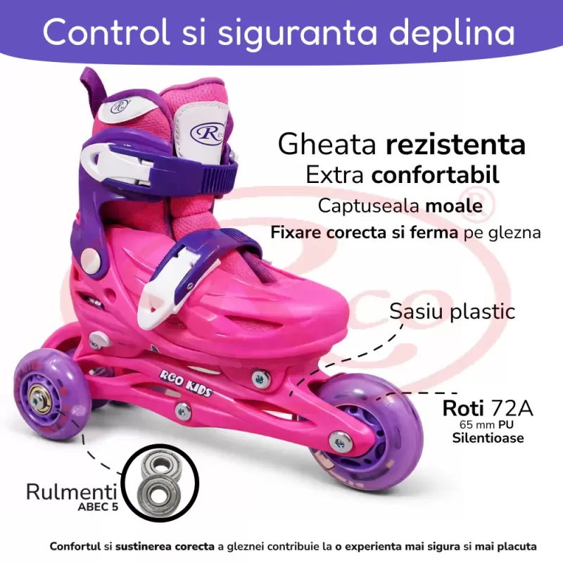 Set role reglabile pentru copii cu pozitionarea multipla a rotilor cu luminite, marime 25-28, Fucsia