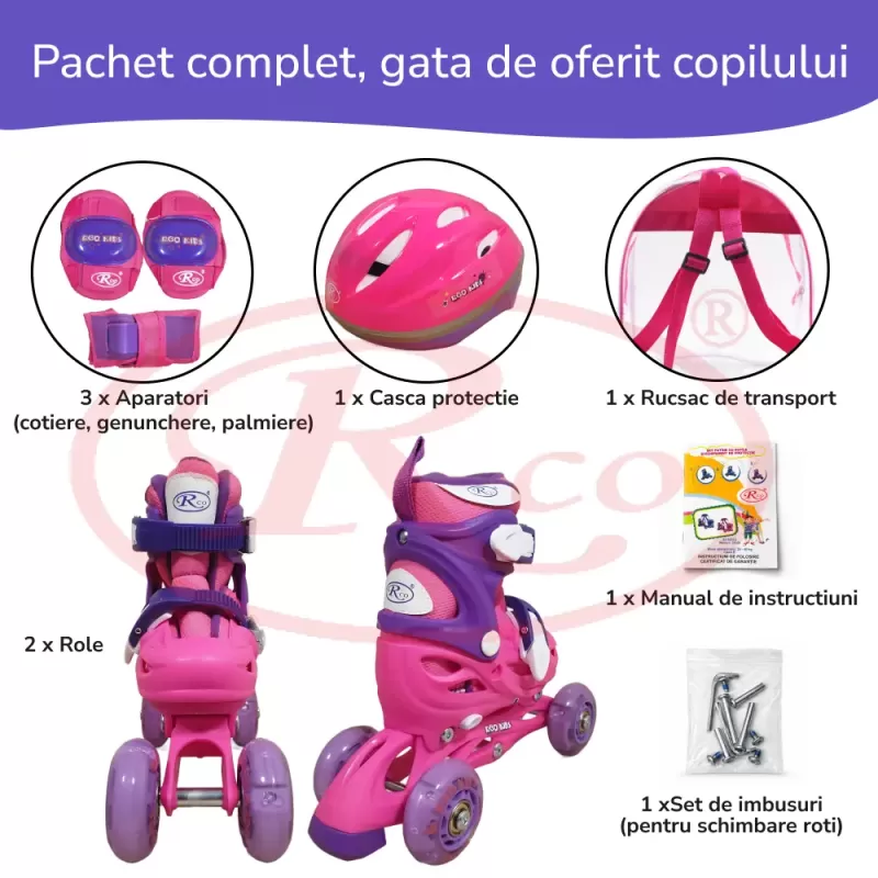 Set role reglabile pentru copii cu pozitionarea multipla a rotilor cu luminite, marime 25-28, Fucsia