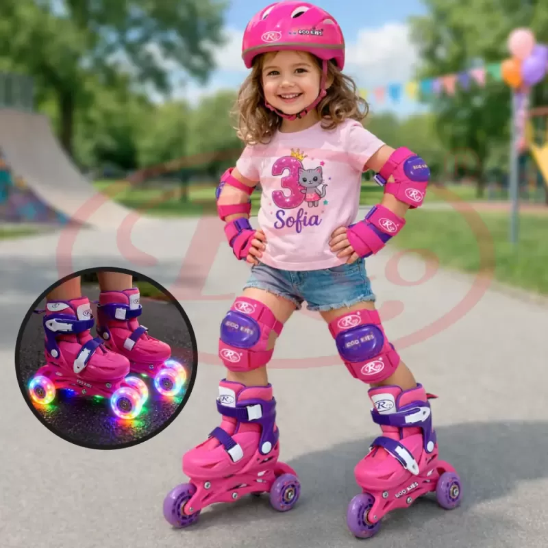 Set role reglabile pentru copii cu pozitionarea multipla a rotilor cu luminite, marime 25-28, Fucsia