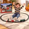 Set tren electric pentru copii cu locomotiva, vagon de pasageri, vagon de marfa si 10 piese de sina usor de montat