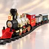 Set tren electric pentru copii cu locomotiva, vagon de pasageri, vagon de marfa si 10 piese de sina usor de montat