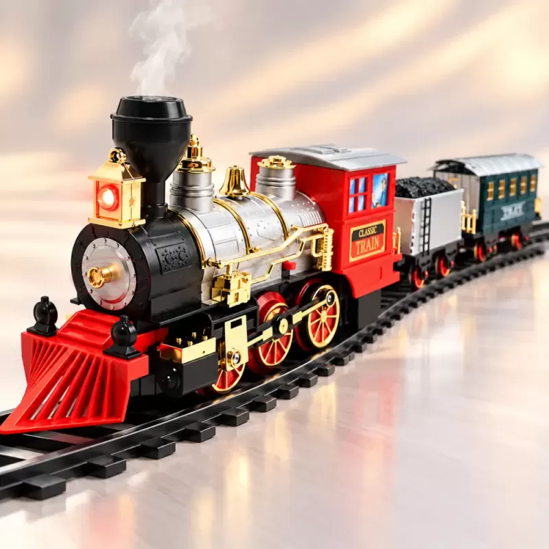 Set tren electric pentru copii cu locomotiva, vagon de pasageri, vagon de marfa si 10 piese de sina usor de montat