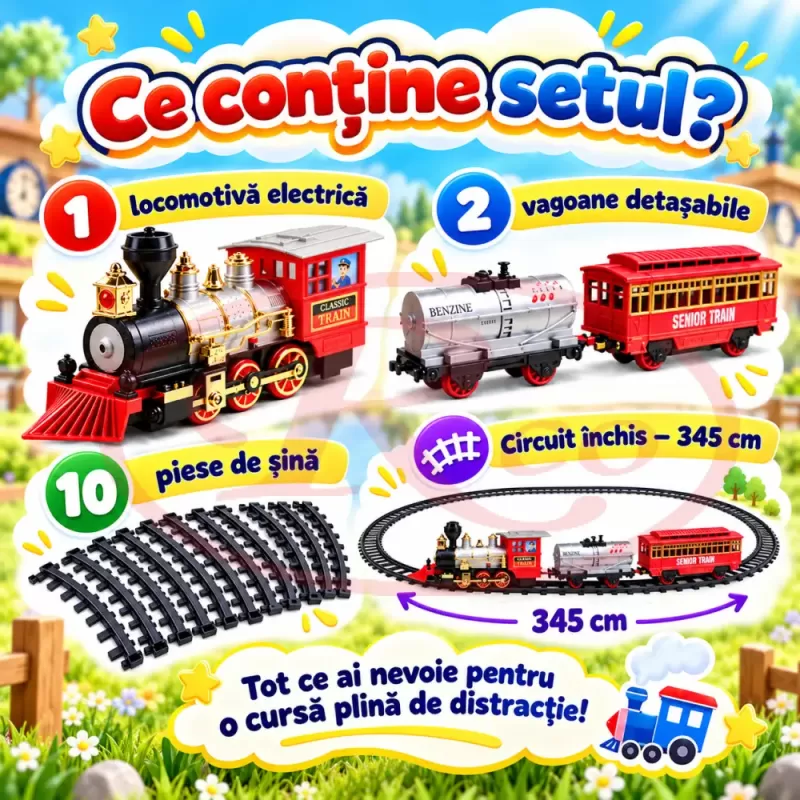 Set tren electric pentru copii cu locomotiva, vagon de pasageri, vagon de marfa si 10 piese de sina usor de montat