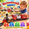 Set tren electric pentru copii cu locomotiva, vagon de pasageri, vagon de marfa si 10 piese de sina usor de montat