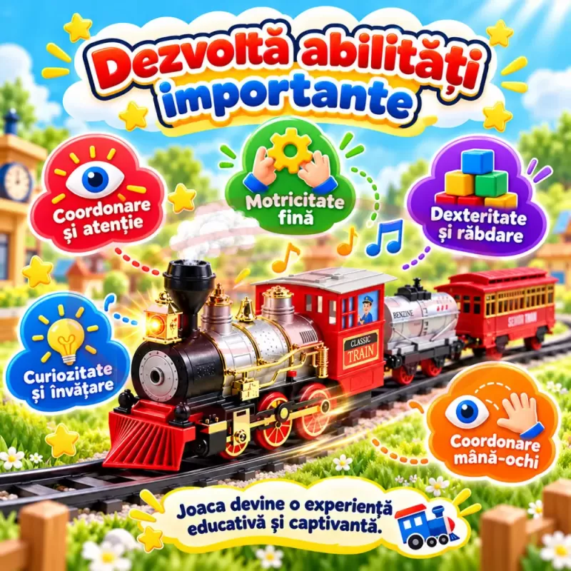 Set tren electric pentru copii cu locomotiva, vagon de pasageri, vagon de marfa si 10 piese de sina usor de montat
