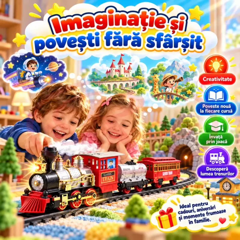 Set tren electric pentru copii cu locomotiva, vagon de pasageri, vagon de marfa si 10 piese de sina usor de montat