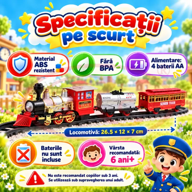 Set tren electric pentru copii cu locomotiva, vagon de pasageri, vagon de marfa si 10 piese de sina usor de montat