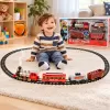Set tren electric pentru copii cu locomotiva, doua vagoane de marfa, vagon de pasageri, sine si efecte realiste de joc