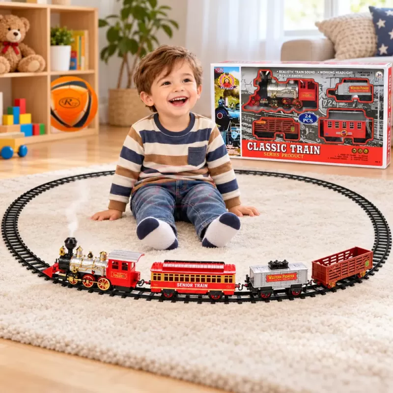 Set tren electric pentru copii cu locomotiva, doua vagoane de marfa, vagon de pasageri, sine si efecte realiste de joc