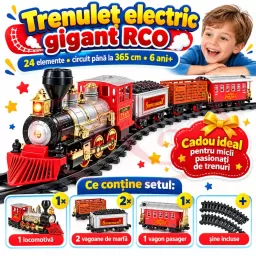 Trenulet electric gigant RCO cu sine, sunete, lumini si vapori de apa, 24 elemente, 365 cm