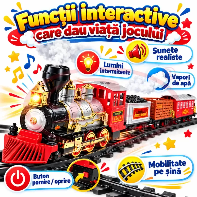 Set tren electric pentru copii cu locomotiva, doua vagoane de marfa, vagon de pasageri, sine si efecte realiste de joc
