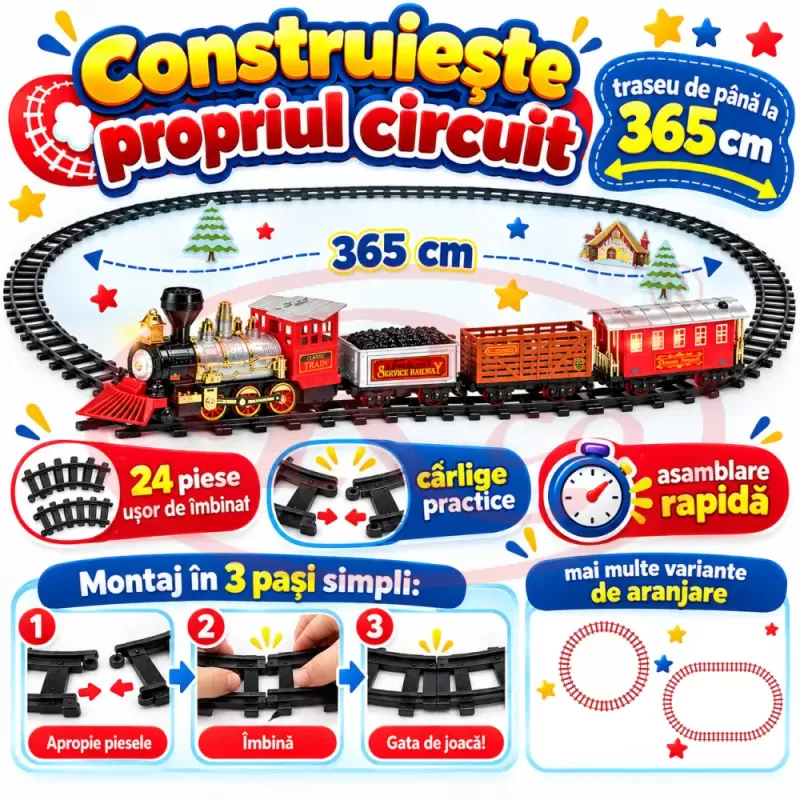 Set tren electric pentru copii cu locomotiva, doua vagoane de marfa, vagon de pasageri, sine si efecte realiste de joc