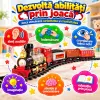 Set tren electric pentru copii cu locomotiva, doua vagoane de marfa, vagon de pasageri, sine si efecte realiste de joc