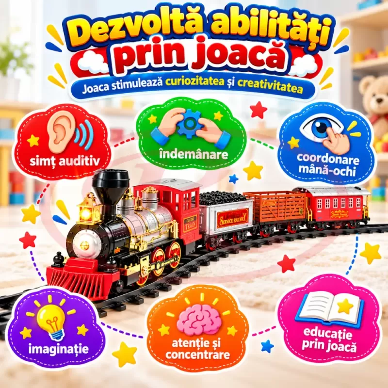 Set tren electric pentru copii cu locomotiva, doua vagoane de marfa, vagon de pasageri, sine si efecte realiste de joc