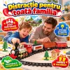 Set tren electric pentru copii cu locomotiva, doua vagoane de marfa, vagon de pasageri, sine si efecte realiste de joc