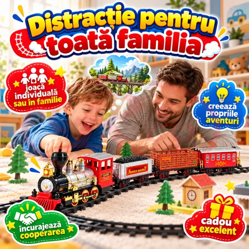 Set tren electric pentru copii cu locomotiva, doua vagoane de marfa, vagon de pasageri, sine si efecte realiste de joc