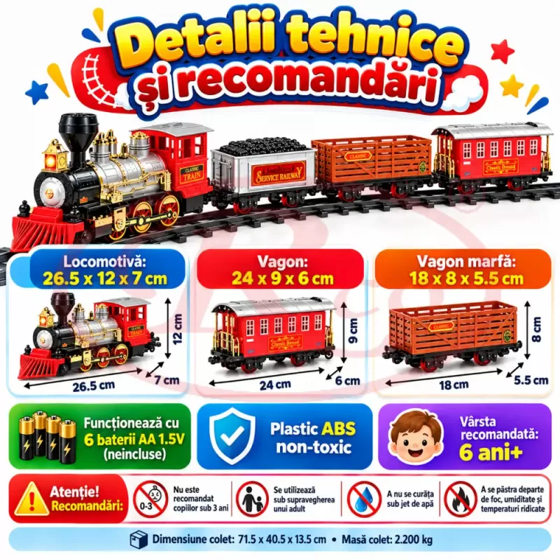 Set tren electric pentru copii cu locomotiva, doua vagoane de marfa, vagon de pasageri, sine si efecte realiste de joc