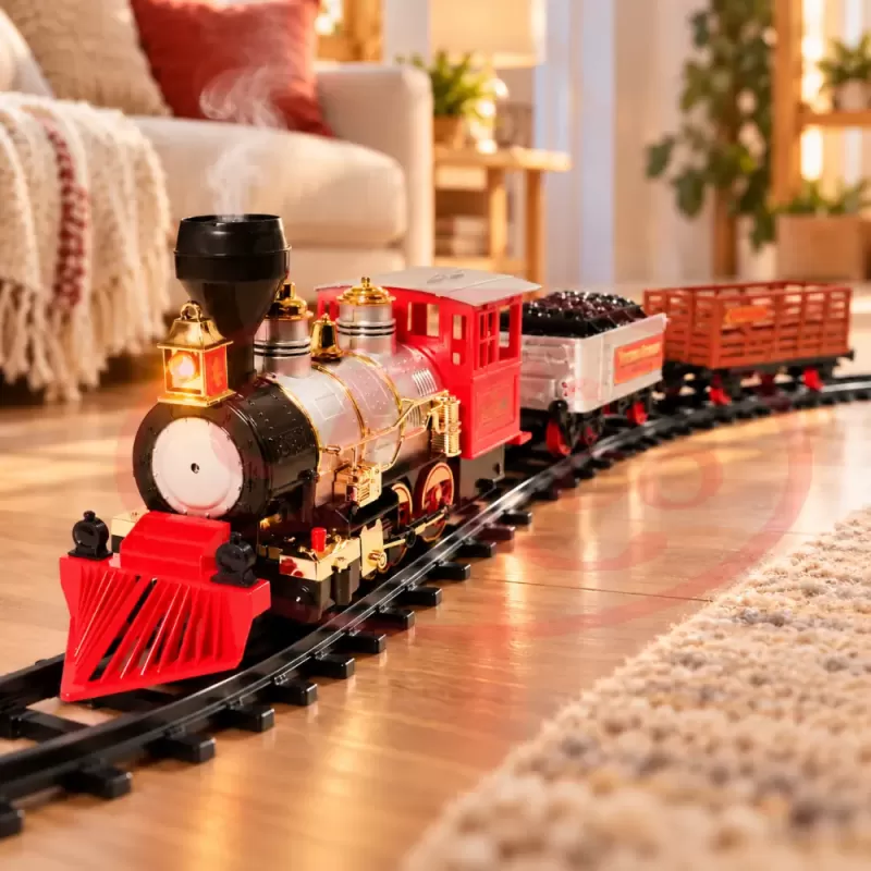 Set tren electric pentru copii cu locomotiva, doua vagoane de marfa, vagon de pasageri, sine si efecte realiste de joc