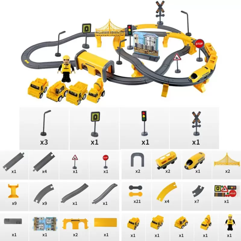 Circuit tren electric Engineering cu accesorii, 92 piese, DIY, +3 ani
