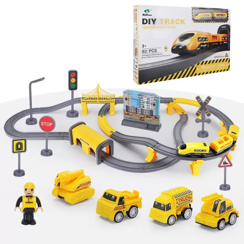 Circuit tren electric Engineering cu accesorii, 92 piese, DIY, +3 ani