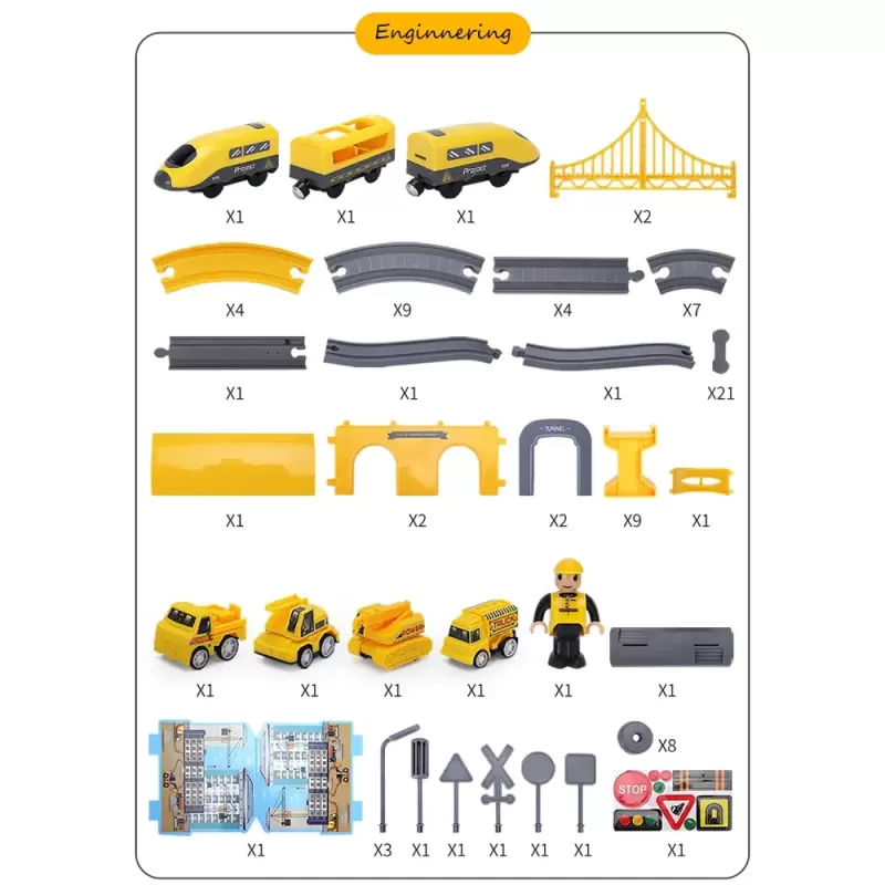 Circuit tren electric Engineering cu accesorii, 92 piese, DIY, +3 ani