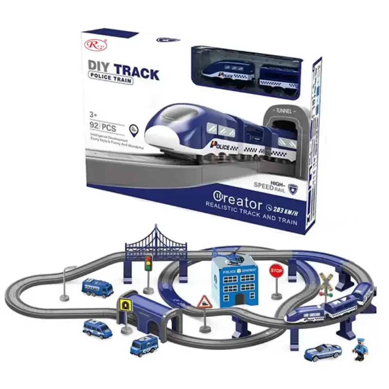 Circuit tren electric Police cu accesorii, 92 piese, DIY +3 ani