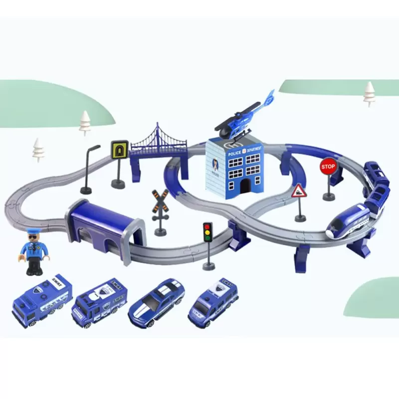 Circuit tren electric Police cu accesorii, 92 piese, DIY +3 ani