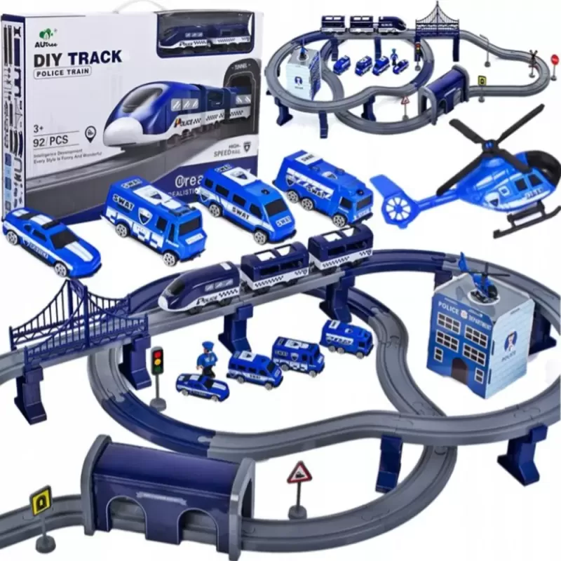 Circuit tren electric Police cu accesorii, 92 piese, DIY +3 ani