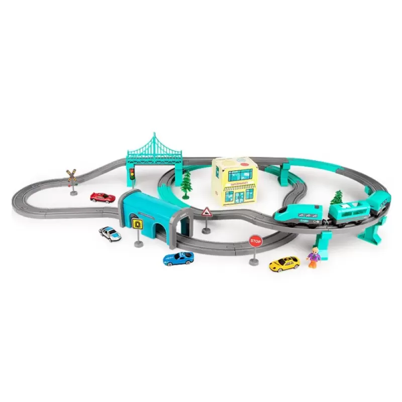 Circuit tren electric City cu accesorii, 92 piese, DIY, +3 ani