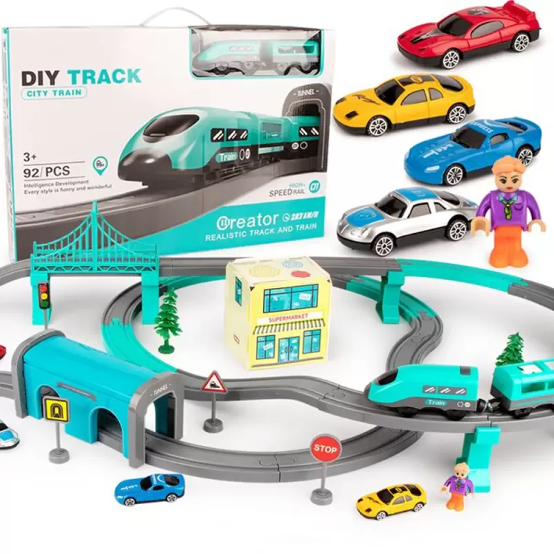 Circuit tren electric City cu accesorii, 92 piese, DIY, +3 ani